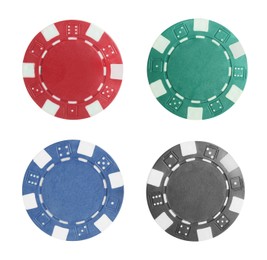 Image of Different casino chips isolated on white, set