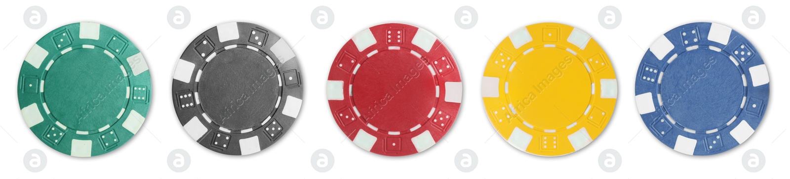 Image of Different casino chips isolated on white, set