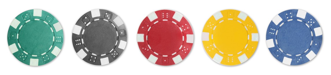 Image of Different casino chips isolated on white, set