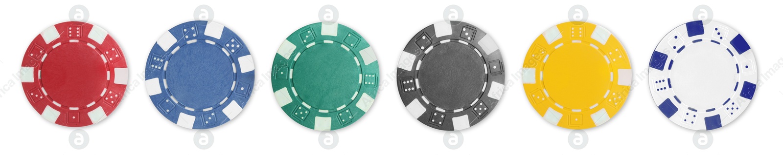 Image of Different casino chips isolated on white, set