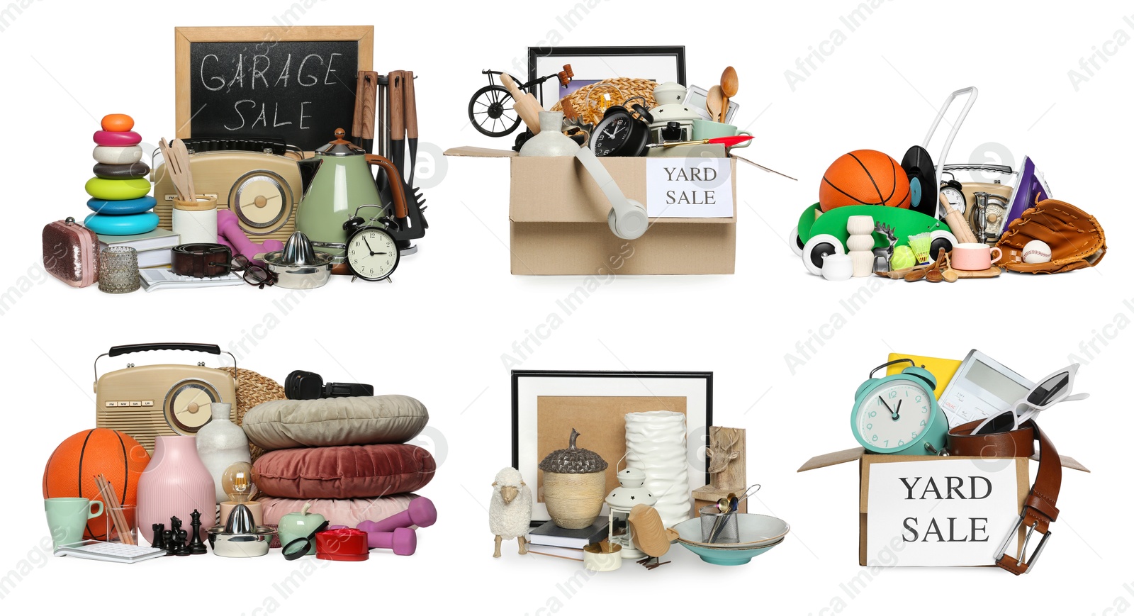 Image of Garage or yard sale. Different stuff isolated on white, set