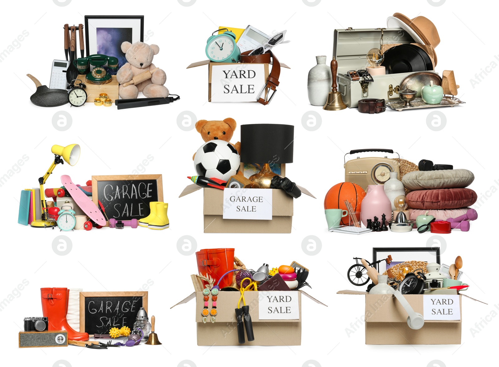 Image of Garage or yard sale. Different stuff isolated on white, set