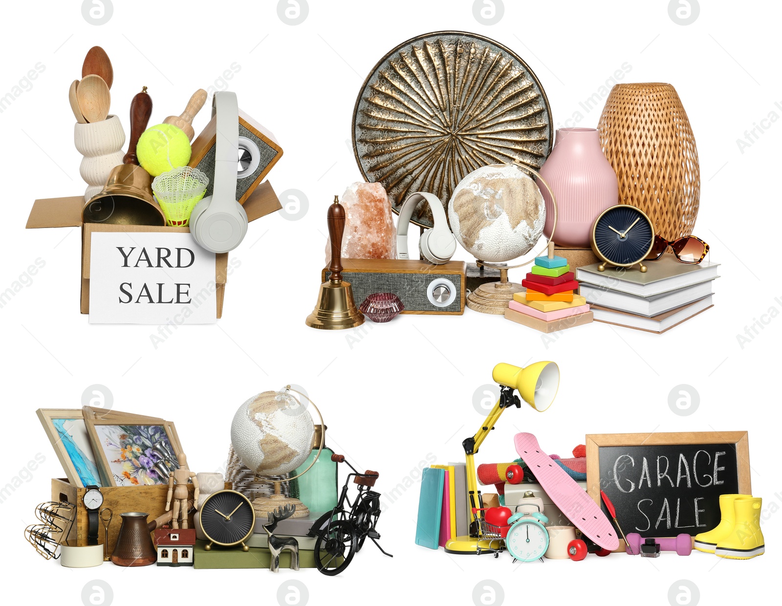 Image of Garage or yard sale. Different stuff isolated on white, set