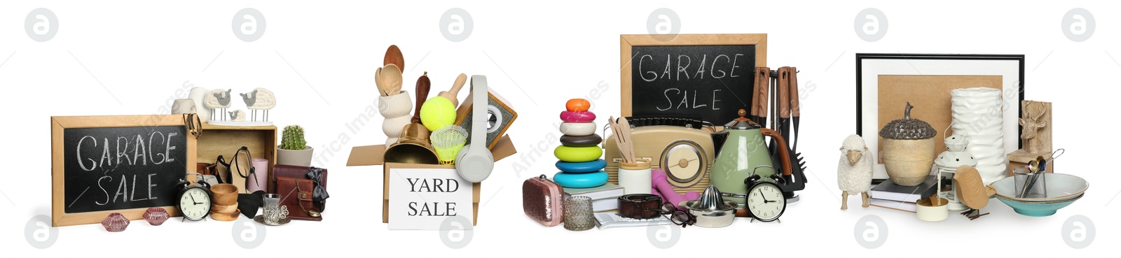 Image of Garage or yard sale. Different stuff isolated on white, set