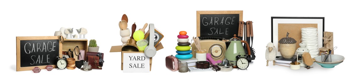 Garage or yard sale. Different stuff isolated on white, set