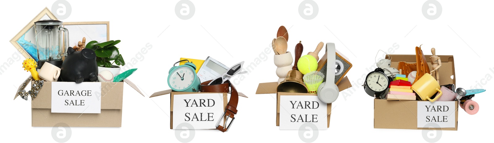 Image of Garage or yard sale. Different stuff isolated on white, set