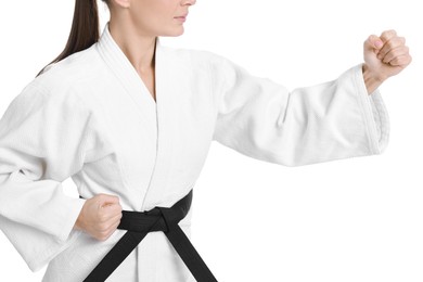 Photo of Karate fighter in kimono isolated on white, closeup