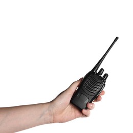 Photo of Woman with walkie talkie on white background, closeup