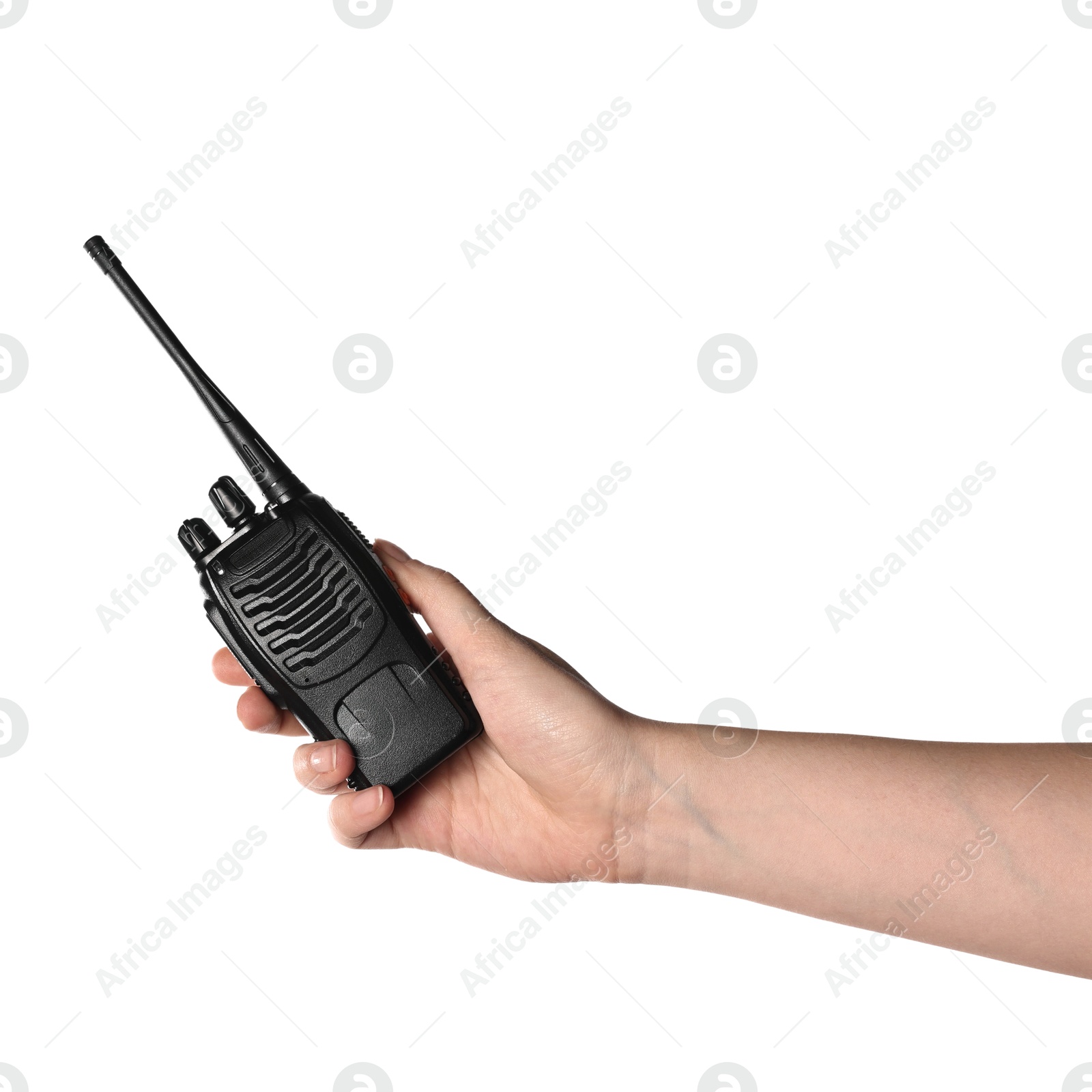 Photo of Woman with walkie talkie on white background, closeup