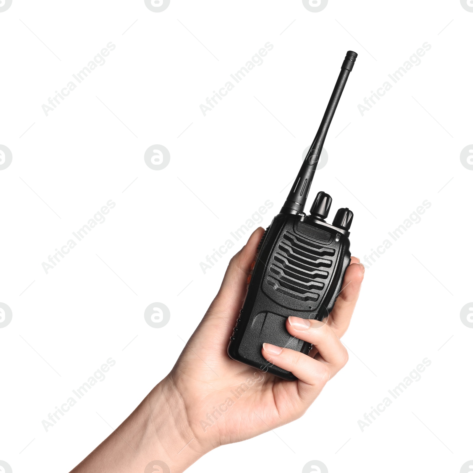 Photo of Woman with walkie talkie on white background, closeup