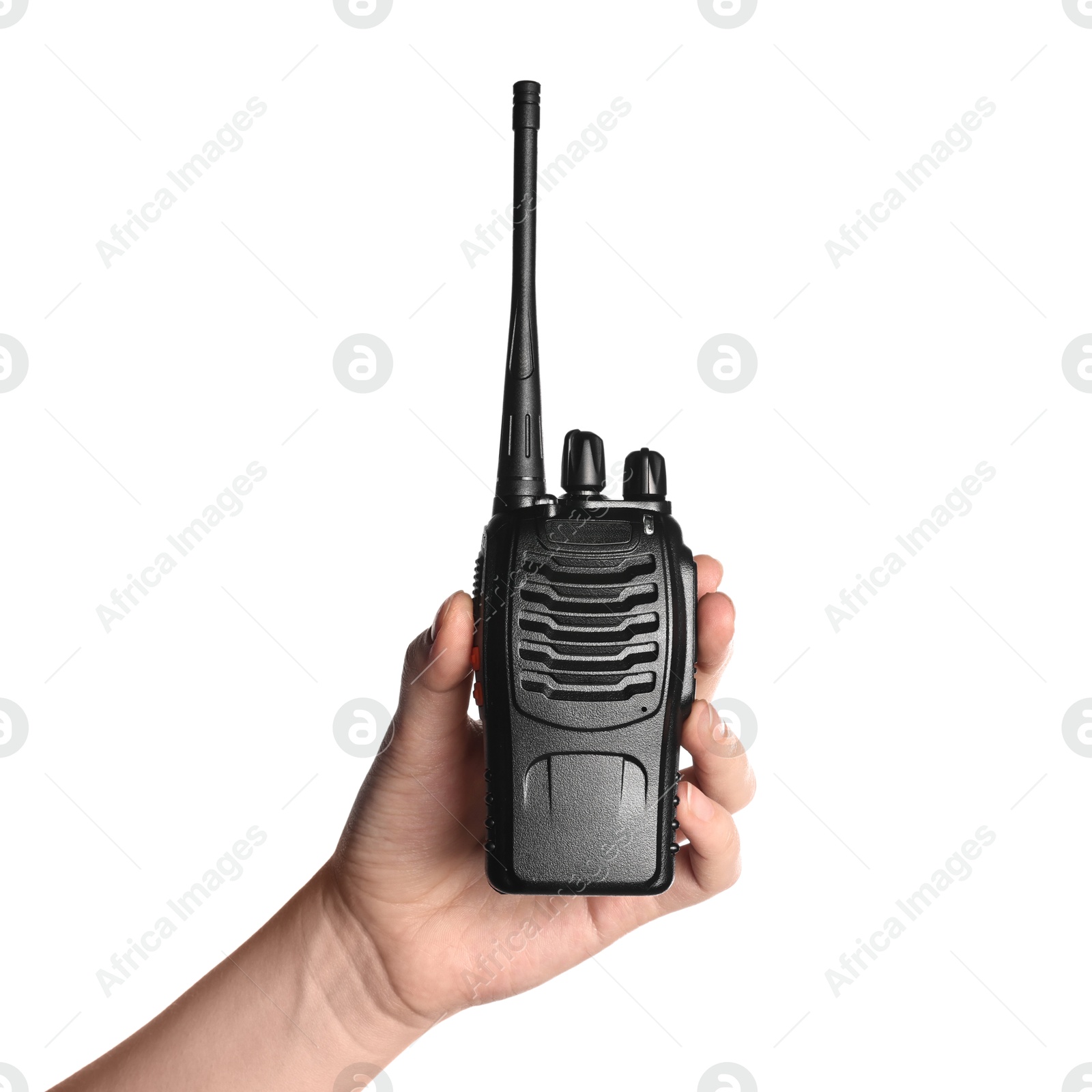 Photo of Woman with walkie talkie on white background, closeup