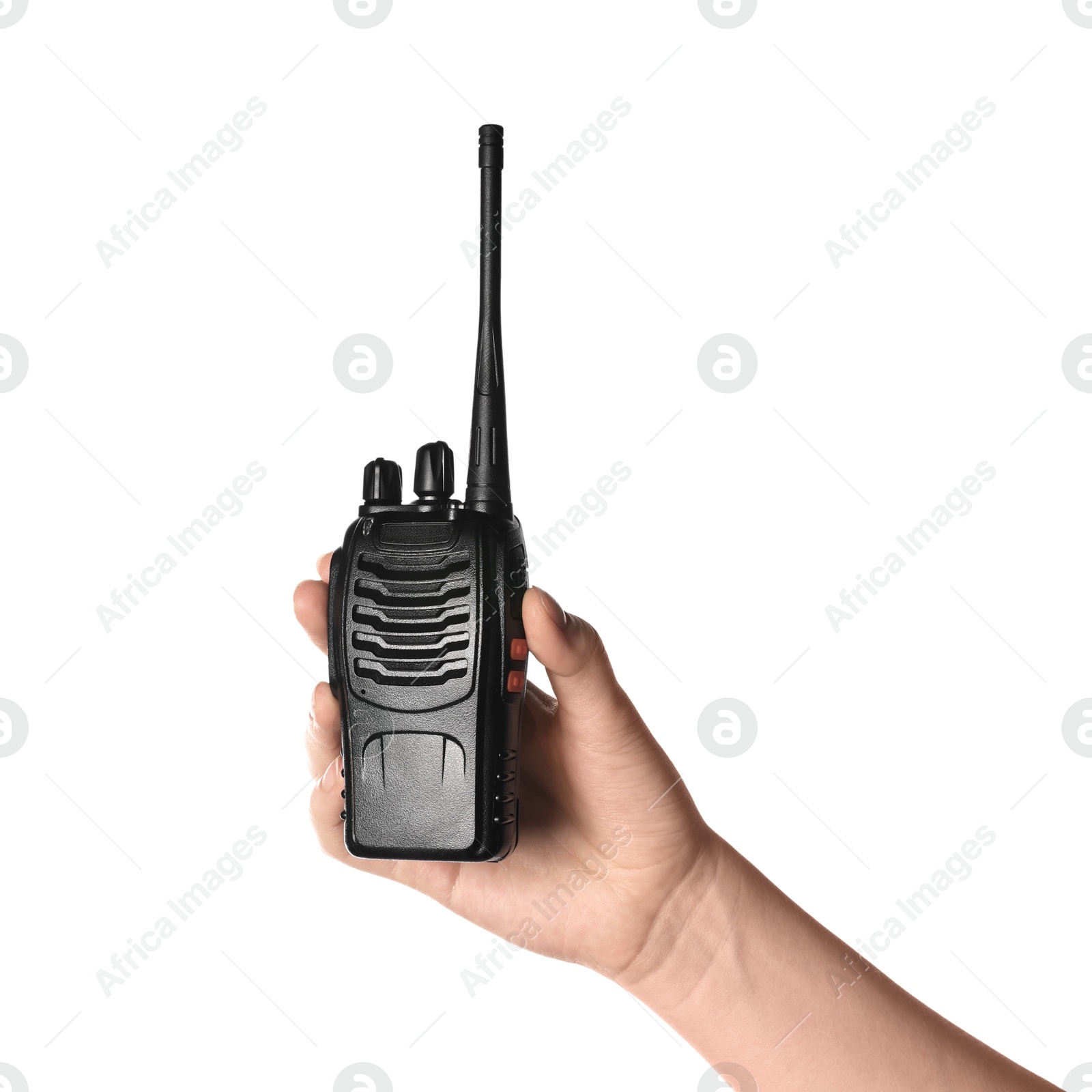 Photo of Woman with walkie talkie on white background, closeup