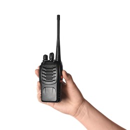 Photo of Woman with walkie talkie on white background, closeup