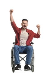 Photo of Excited man in wheelchair on white background