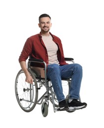 Photo of Smiling man in wheelchair on white background