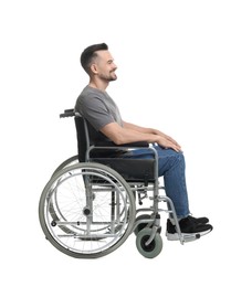 Photo of Smiling man in wheelchair on white background