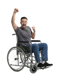 Photo of Excited man in wheelchair on white background