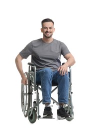 Photo of Smiling man in wheelchair on white background