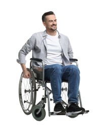 Photo of Smiling man in wheelchair on white background