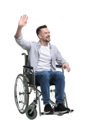 Photo of Man in wheelchair waving at someone on white background