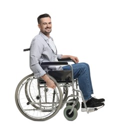 Photo of Smiling man in wheelchair on white background