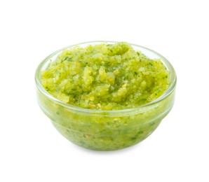 Photo of Delicious homemade green salsa isolated on white