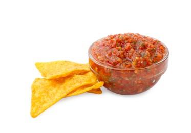 Photo of Delicious homemade red salsa with nachos isolated on white