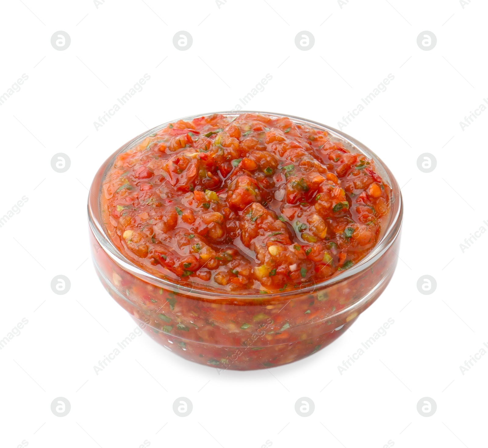 Photo of Delicious homemade red salsa isolated on white