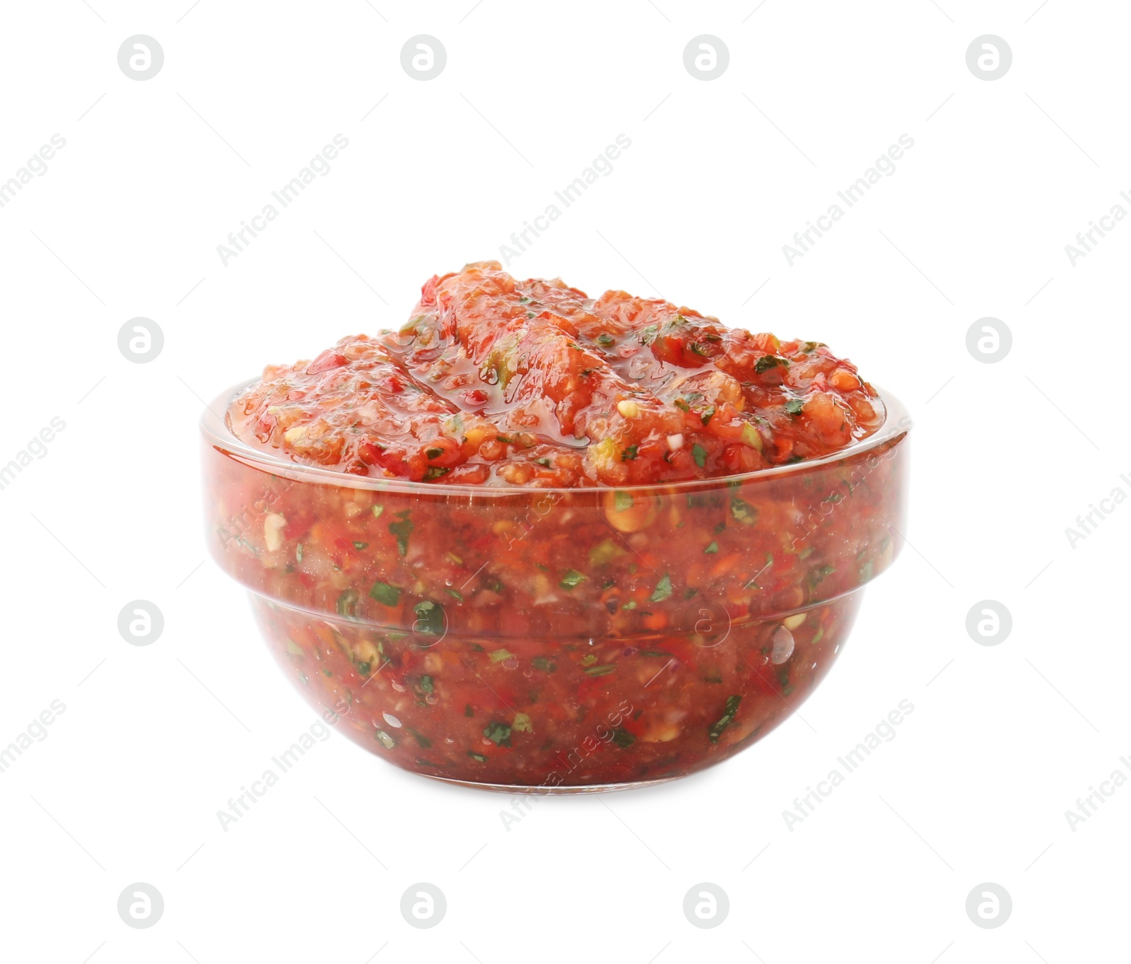 Photo of Delicious homemade red salsa isolated on white