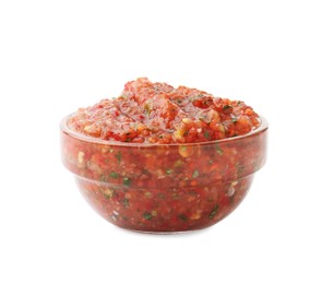 Delicious homemade red salsa isolated on white