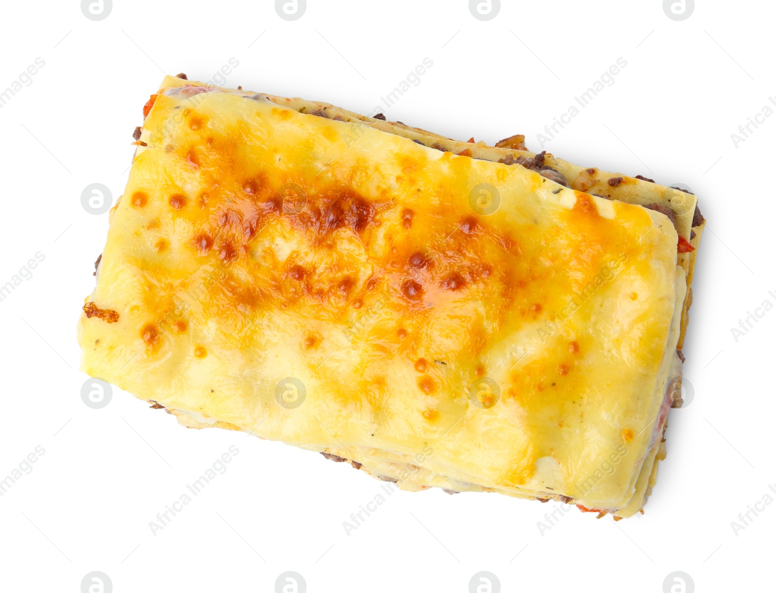 Photo of Delicious cooked lasagna isolated on white, top view. Italian cuisine