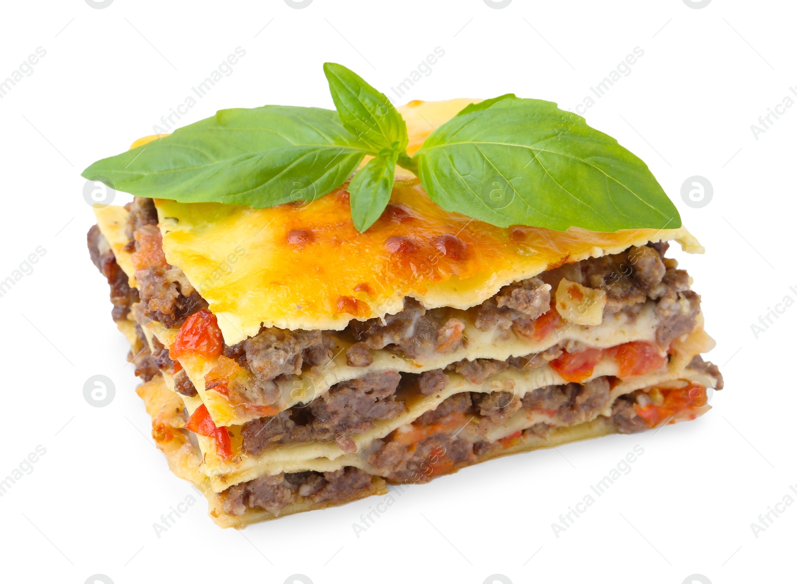 Photo of Delicious cooked lasagna with basil isolated on white