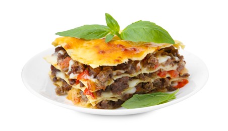 Photo of Delicious cooked lasagna with basil isolated on white