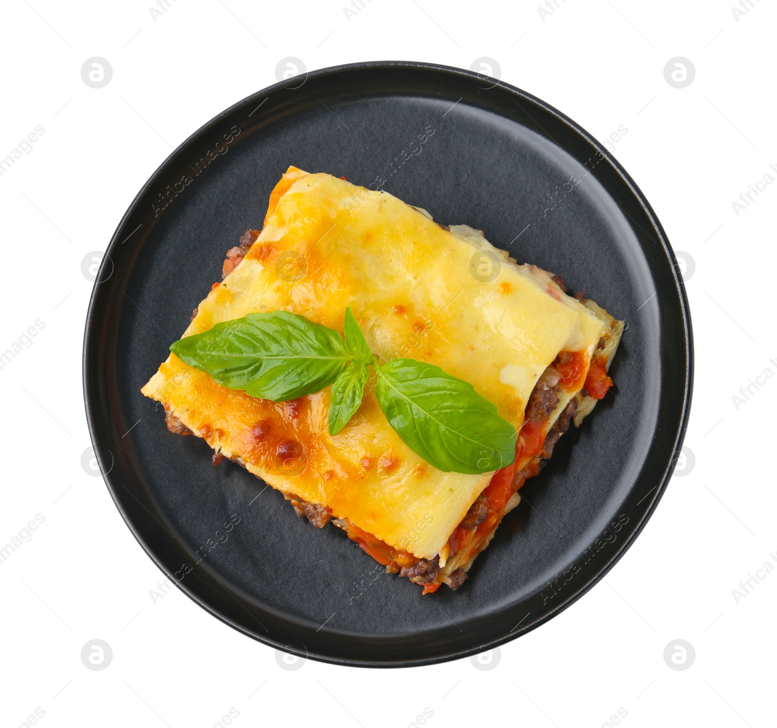 Photo of Delicious cooked lasagna with basil isolated on white, top view