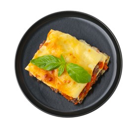 Photo of Delicious cooked lasagna with basil isolated on white, top view