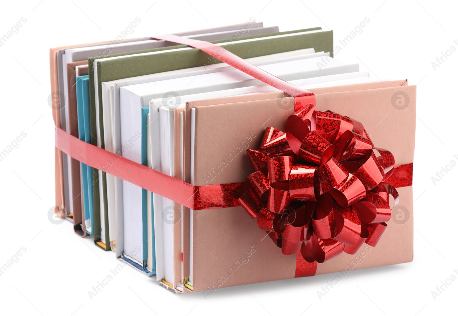 Photo of Books with red bow as gift isolated on white