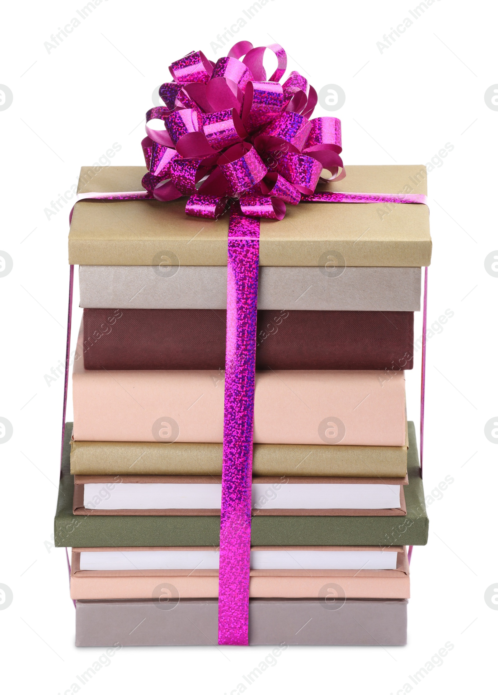 Photo of Stack of books with purple bow as gift isolated on white