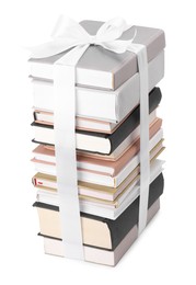 Photo of Stack of books with silk ribbon as gift isolated on white