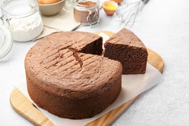 Photo of Cut chocolate sponge cake and ingredients on light table