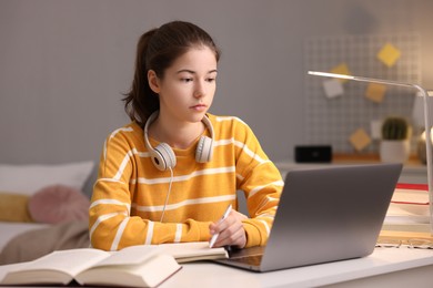 Photo of Student preparing for exam with laptop at table indoors