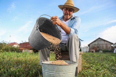 Photo of Senior man pouring wheat grains into bucket outdoors