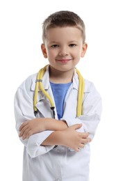 Photo of Little boy with stethoscope pretending to be doctor on white background. Dreaming of future profession