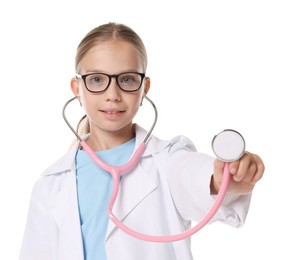 Photo of Girl with stethoscope pretending to be doctor on white background. Dreaming of future profession