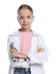 Photo of Girl with stethoscope pretending to be doctor on white background. Dreaming of future profession