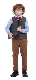 Photo of Little boy with book and folder on white background. Dreaming about future profession