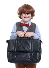 Photo of Little boy with glasses and briefcase on white background. Dreaming about future profession