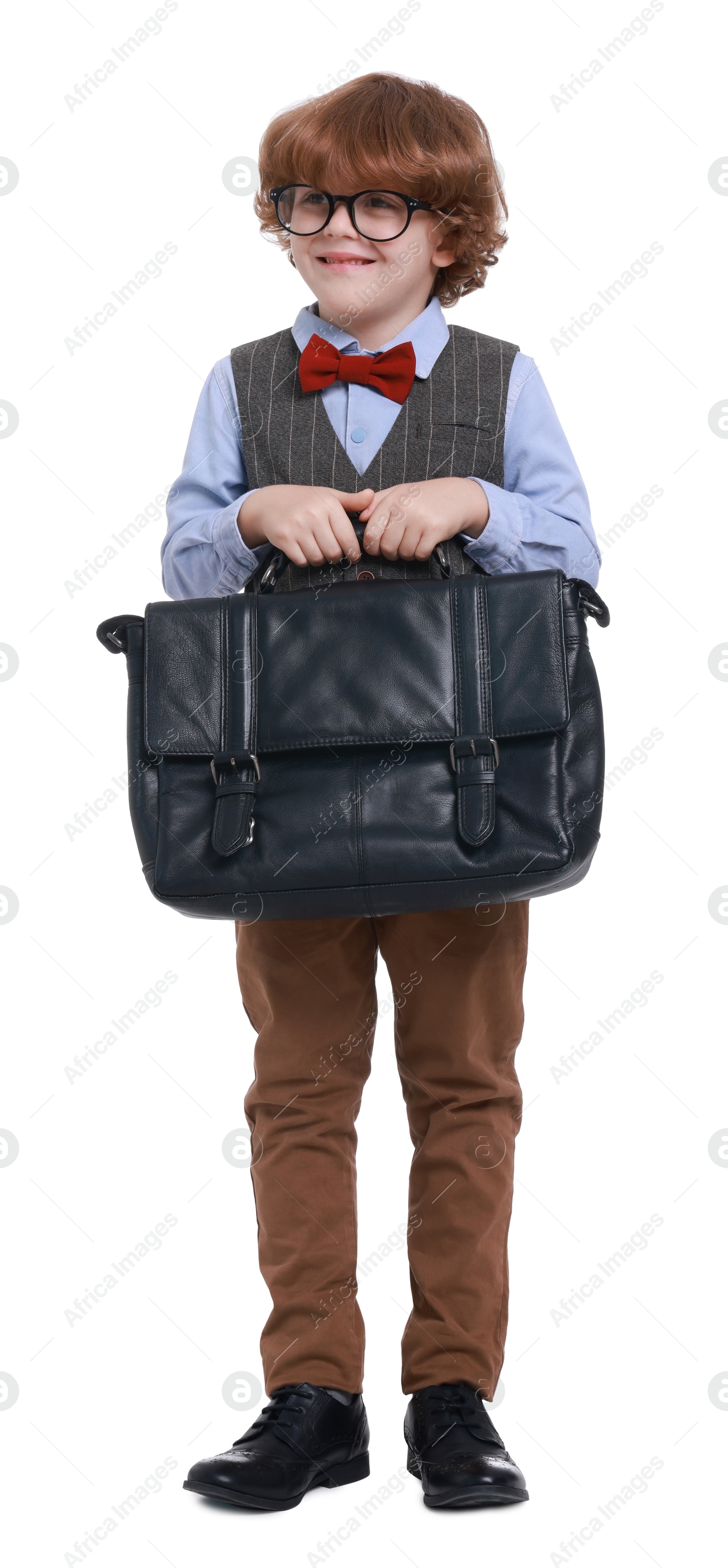 Photo of Little boy with glasses and briefcase on white background. Dreaming about future profession