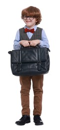 Photo of Little boy with glasses and briefcase on white background. Dreaming about future profession