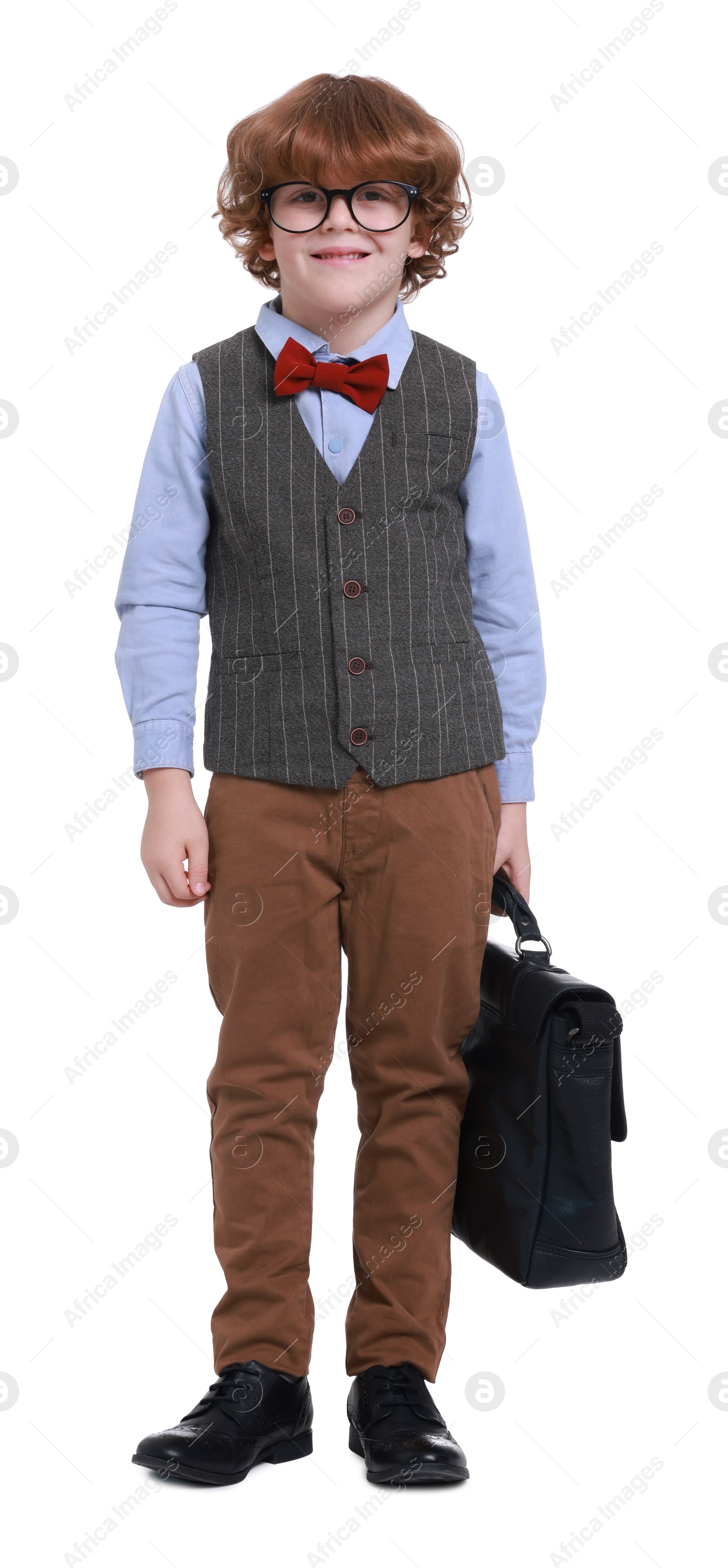 Photo of Little boy with glasses and briefcase on white background. Dreaming about future profession