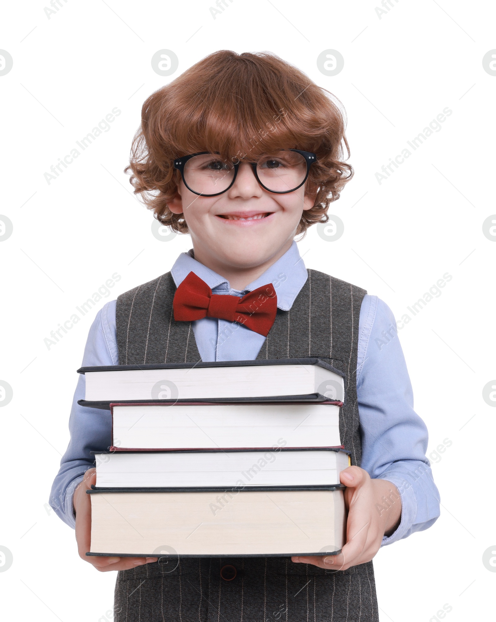 Photo of Little boy with books pretending to be teacher on white background. Dreaming about future profession